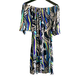 AB Studio Multicolor Off Shoulder Geo Print Slit Sleeve Swing Dress Reg Size XL